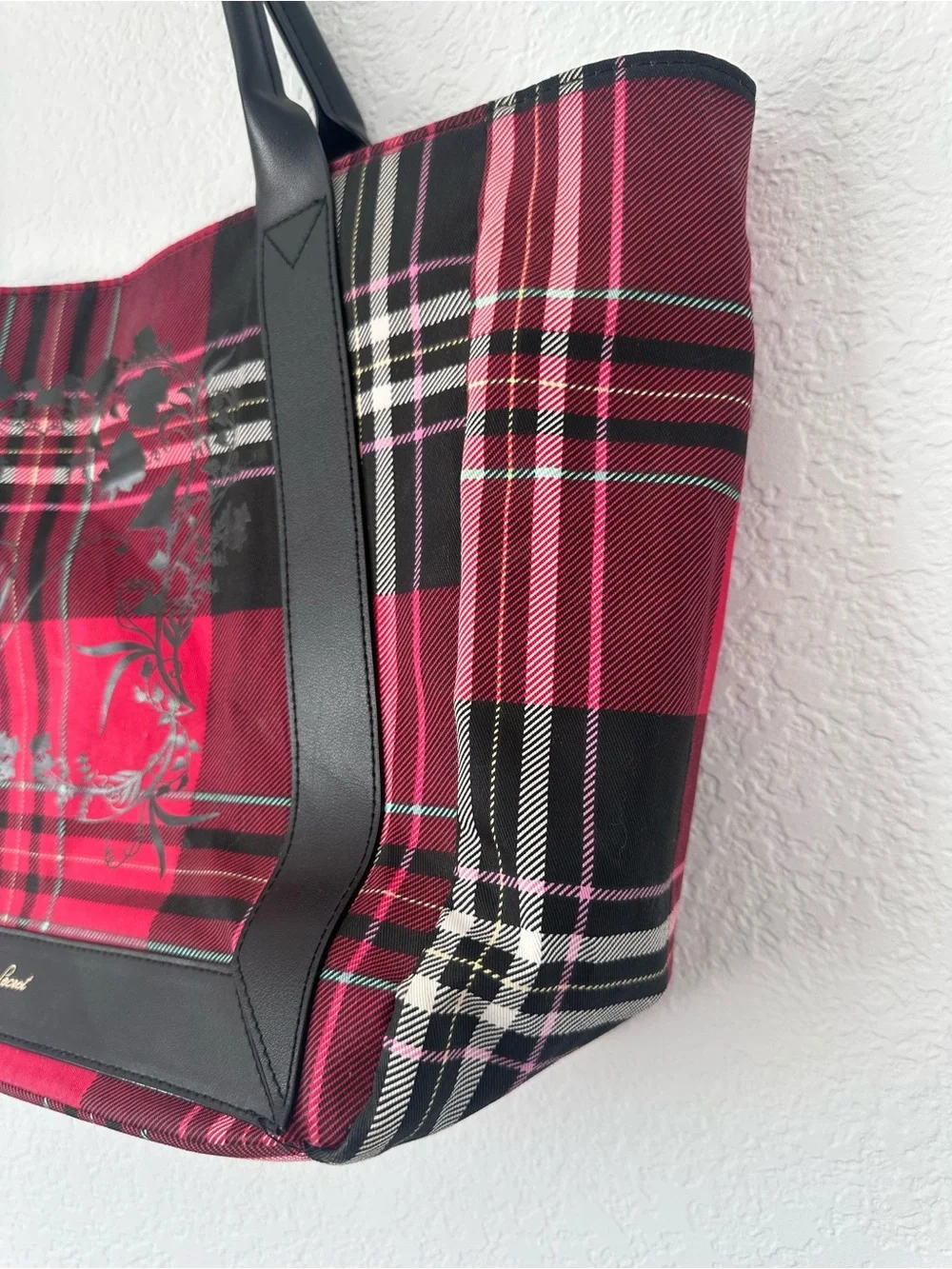Victoria's Secret Red and Black Plaid Tote with Floral Accent